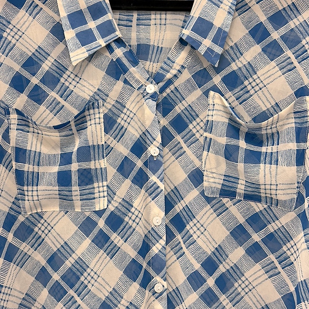 Free People Womens Top Sz XS/TP Easy Rider Sheer Blue Cream Checked Button Down - Picture 3 of 9